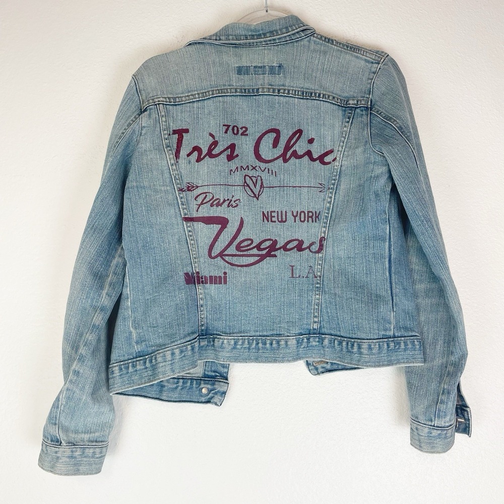 Vintage Gap Denim Jean Jacket Womens Medium Y2K‎ Graphic Print City Glam Blue M